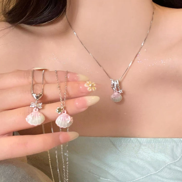 Pink Shell Pendant Necklaces with Silver Tone Ocean Charms in Three Styles