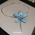Ice Blue Fabric Mesh Flower Necklace Silver Snake Chain view 4