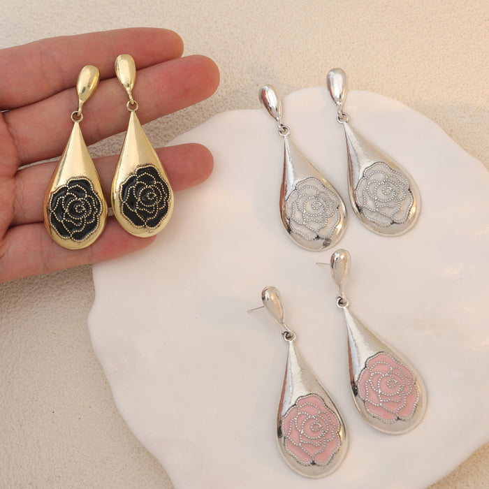 Rose Enamel Teardrop Long Dangle Stud Earrings in Three Colors