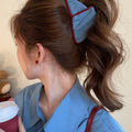 Blue Denim Triangle Bow Hair Claw With Burgundy Edge view 6
