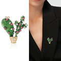 Green Enamel Cactus Brooch With Pink Crystal Flowers view 2