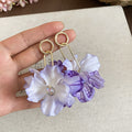 Fabric Flower Drop Earrings in Coral Purple and Blue Colorways view 7