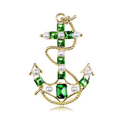 Front product view of the anchor brooch pin in gold and green