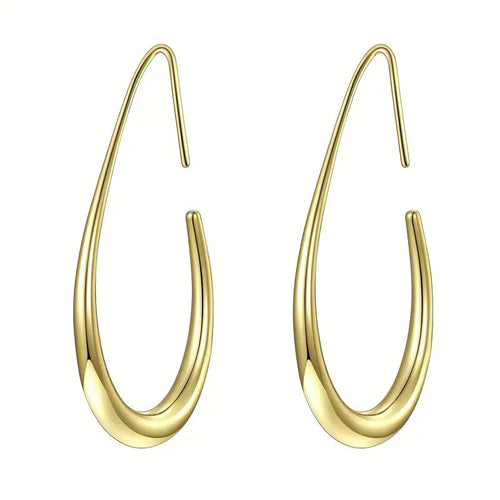 Gold teardrop open hoop drop earring pair on white background