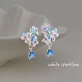 Silver Tone Pink Blue Orchid And Blue Teardrop Stud Earrings view 4