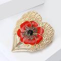 Gold Heart Red Enamel Poppy Flower Brooch Black Center view 3