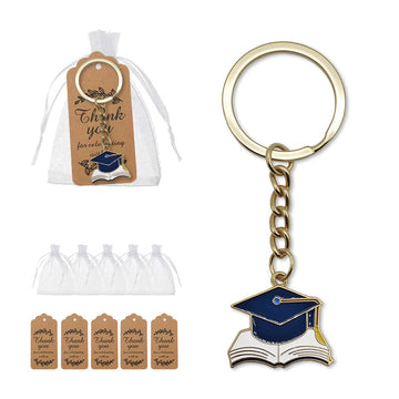 Navy Grad Cap Open Book Enamel Keychain Gold Ring Chain