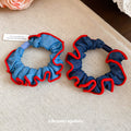 Denim Ruffle Edge Scrunchie Red Trim Light Blue Hair Tie view 3