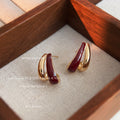 Gold and Wine Enamel Dual Arc Geometric Stud Earrings view 3