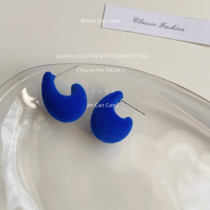 Royal Blue Flocked Crescent Hoop Stud Earrings Pair