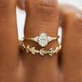 Gold Tone Oval Crystal And Leaf Ring Set Polished Statement Fashion Jewelry view 2