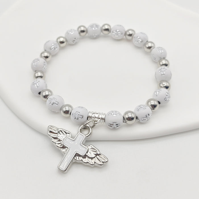 White Cross Bead Stretch Bracelet Winged Cross Charm