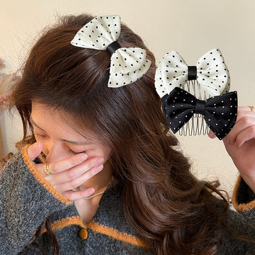 Polka Dot Fabric Bow Multi-Tooth Hair Comb Black White