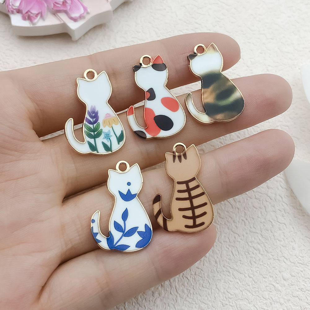 Printed Enamel Zinc Alloy Cat Charm Pendant for DIY Bracelet Necklace Phone Chain Making