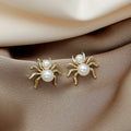 Gold Tone Spider and Pearl Look Statement Stud Earrings view 3
