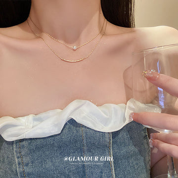 Gold Layered Pearl Station Twisted Bar Necklace Single Style