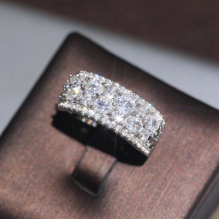 Oval And Round Clear Stone Triple-Row Wide Ring Silver Tone