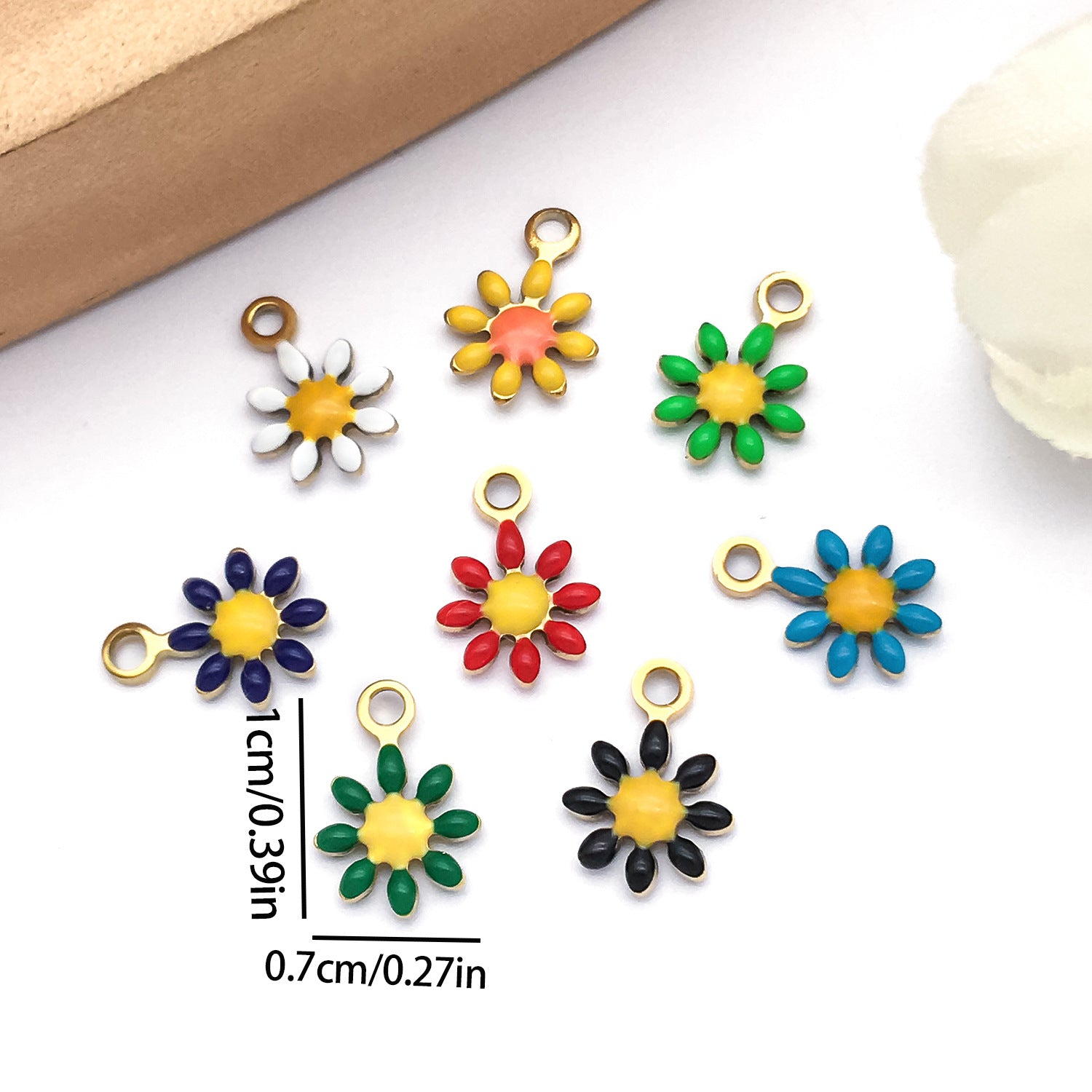 Gold Tone Enamel Stainless Steel Daisy Flower Double Sided Charm Pendant for DIY Bracelet Keychain