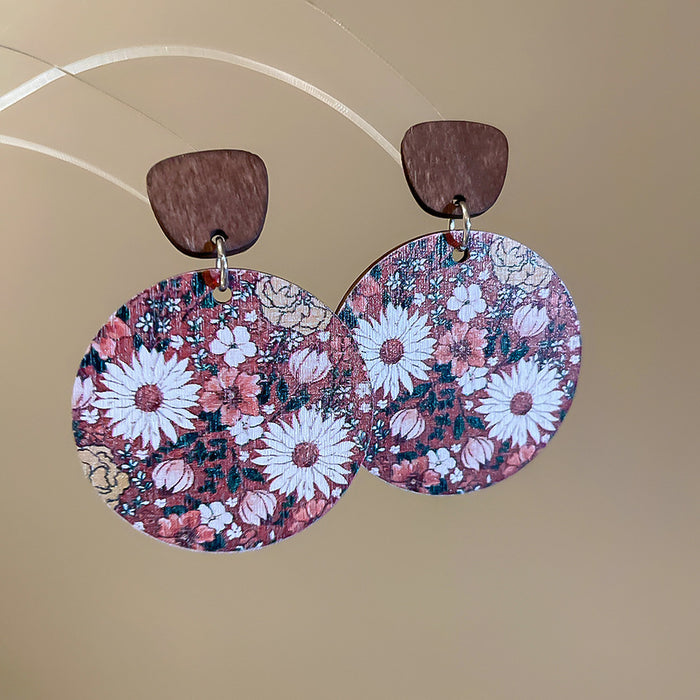 Printed Wood Disc Drop Earrings In Three Floral Patterns