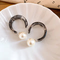 Black Textured C Hoop Stud Earrings With Pearl Drops view 6