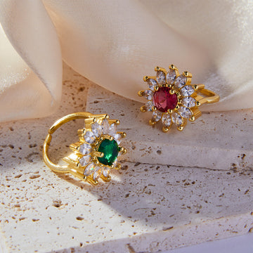 Gold Sunflower Open Rings Red Or Green Center Zircon