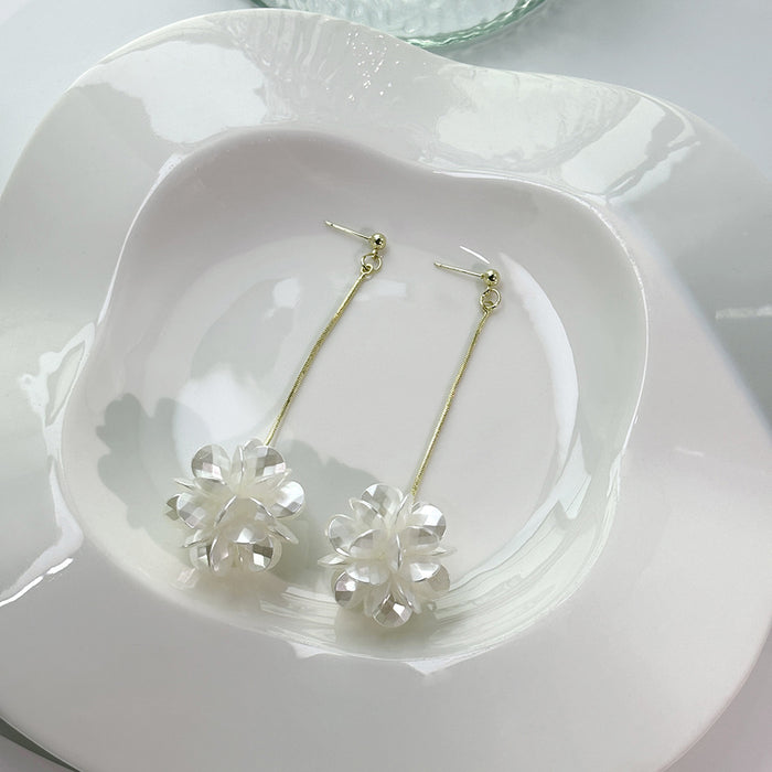 White Petal Flower Ball Extra Long Chain Stud Earrings
