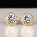 Gold Tone Round Beaded Bezel Clear CZ Stud Earrings Pair view 2
