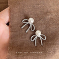 Silver Wire Bow Detachable White Pearl Stud Earrings view 4