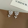 Silver Clear Stone Rose and Stem Dangle Stud Earrings view 3