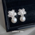 Silver Zircon Snowflake Pearl Drop Earrings White Tone view 1