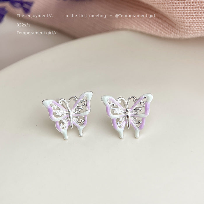 Silver Openwork Butterfly Stud Earrings Lilac Enamel