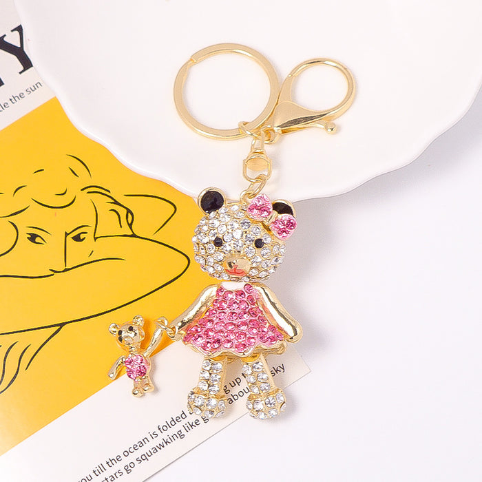 Rhinestone Parent Child Bear Keychain Pink Dress Mini Cub
