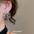 Silver Tone Open Rose Outline Stud Earrings With Decorative Details view 3