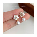 White Enamel Camellia Center Zircon Pearl Drop Stud Earrings view 4