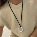 Black Leather Cord Silver Mirror Ring Pendant Necklace view 1