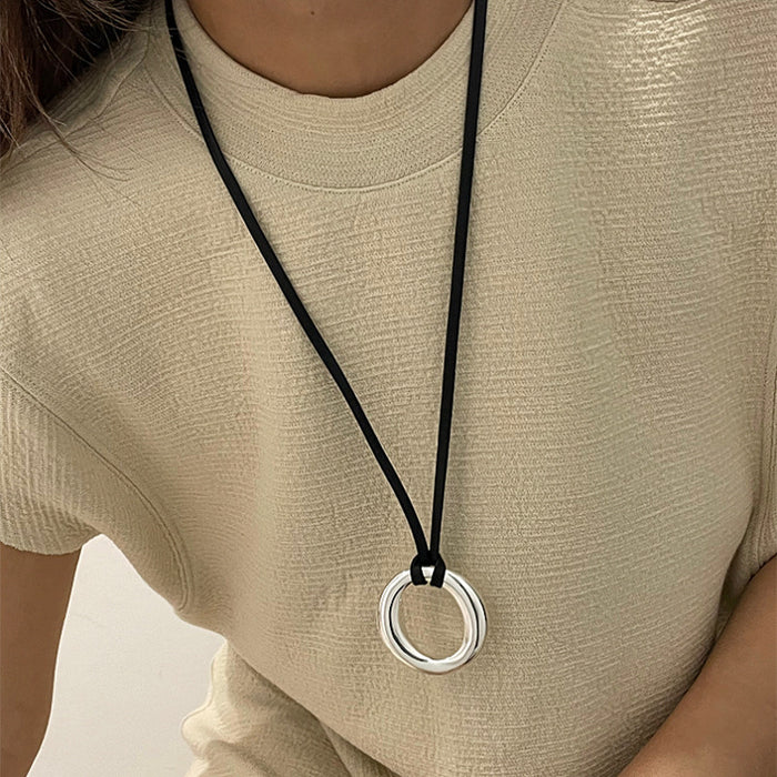 Black Leather Cord Silver Mirror Ring Pendant Necklace