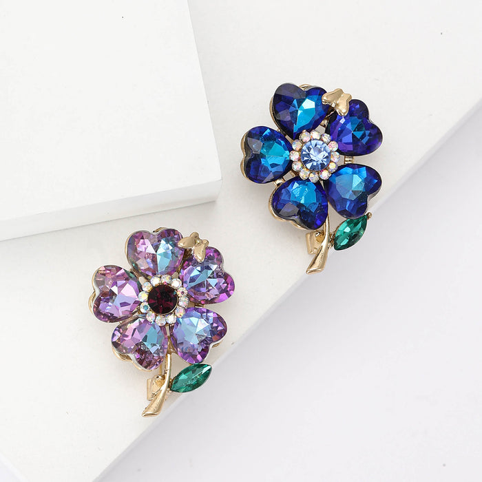 Five Heart Petal Crystal Flower Brooch in Purple or Blue