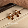 Cream Pearl Amber Brown Enamel Flower Drop Earrings view 4