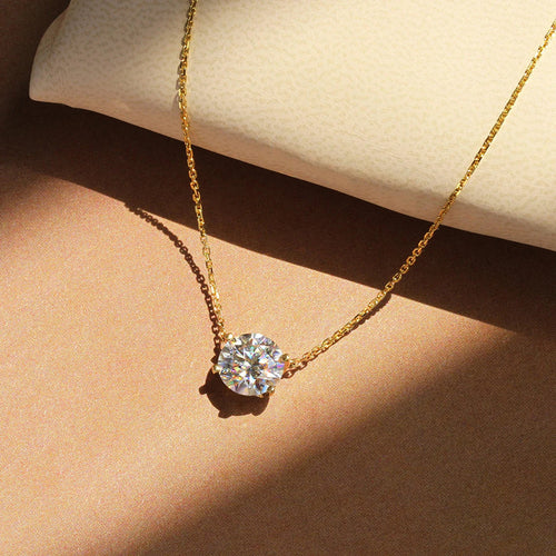 Product view showing round clear solitaire pendant necklace
