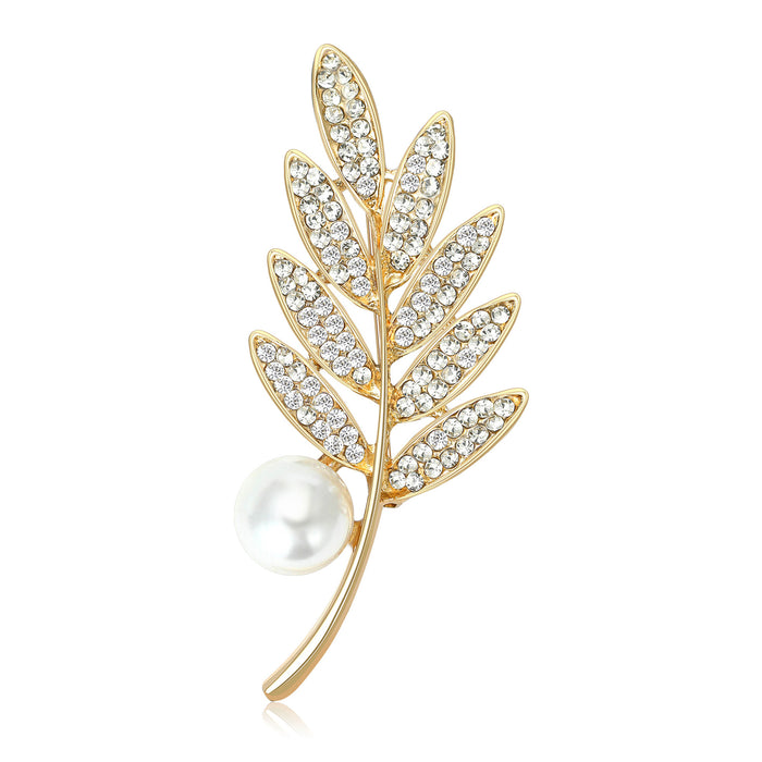Rhinestone Leaf Spray Brooch Pearl Accent Gold Silver Pin
