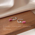 Pink Tulip Bud Silver Tone U-Hook Leaf Drop Earrings view 3