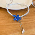 White Pearl Beaded Orchid Flower Necklace Drop Earrings view 6