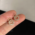 Gold Double Circle Interlock Stud Earrings Baguette Zircon view 4