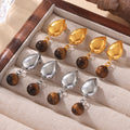 Teardrop Stud Earrings with Tiger Eye Bead Drops Gold Steel view 2