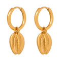 Gold Huggie Hoop Earrings with Cowrie Shell Dangle Charms view 5
