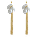 Gold Tone White Pearlescent Petal Long Chain Tassel Earrings view 5