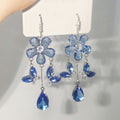 Blue Floral Crystal Teardrop Tassel Hook Earrings Jewelry Pair view 1