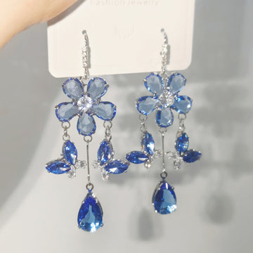 Blue Floral Crystal Teardrop Tassel Hook Earrings Jewelry Pair