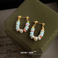 Gold Tone Aqua Disc Pink White Chip Hoop Drop Stud Earrings view 4