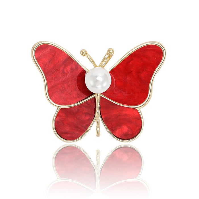 Shell Effect Butterfly Brooch With Pearl Center in Five Colors